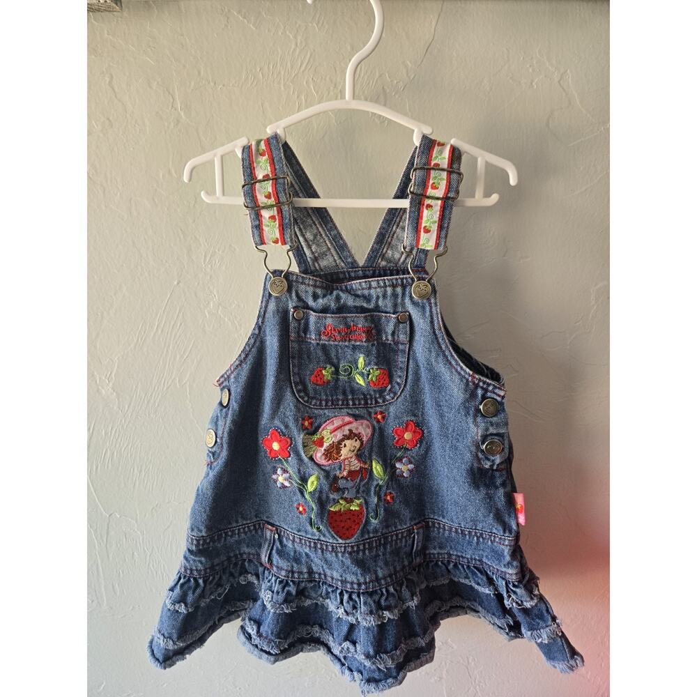 Vintage Y2K Strawberry Shortcake Denim Overall Dress Dressalls Girls 3T RARE - Picture 2 of 8